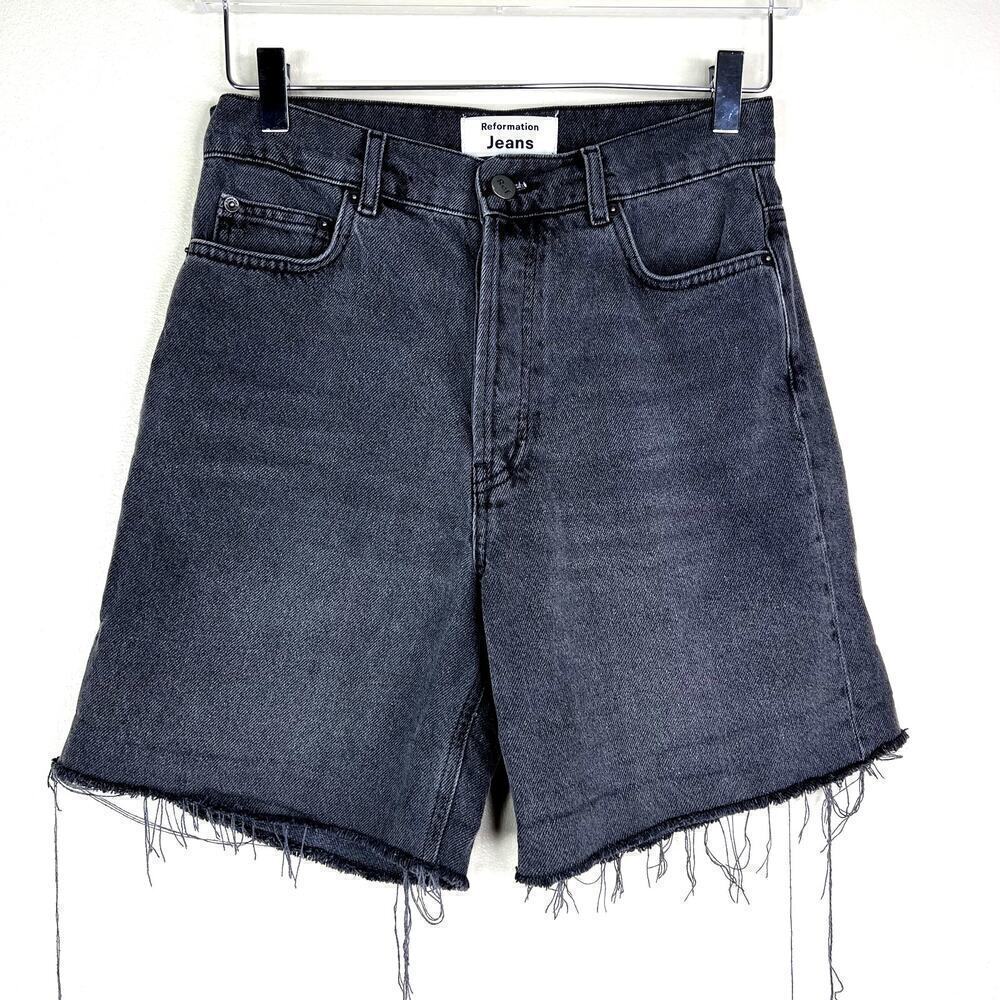Reformation Black Denim Cut Off Jean Shorts High Waisted Long Button Fly 24